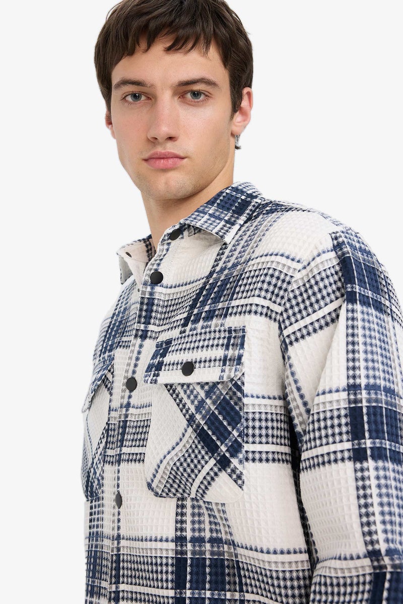 DeFacto Blue Man Relax Fit Long Sleeve Waffle Shirt Casual - Image 4